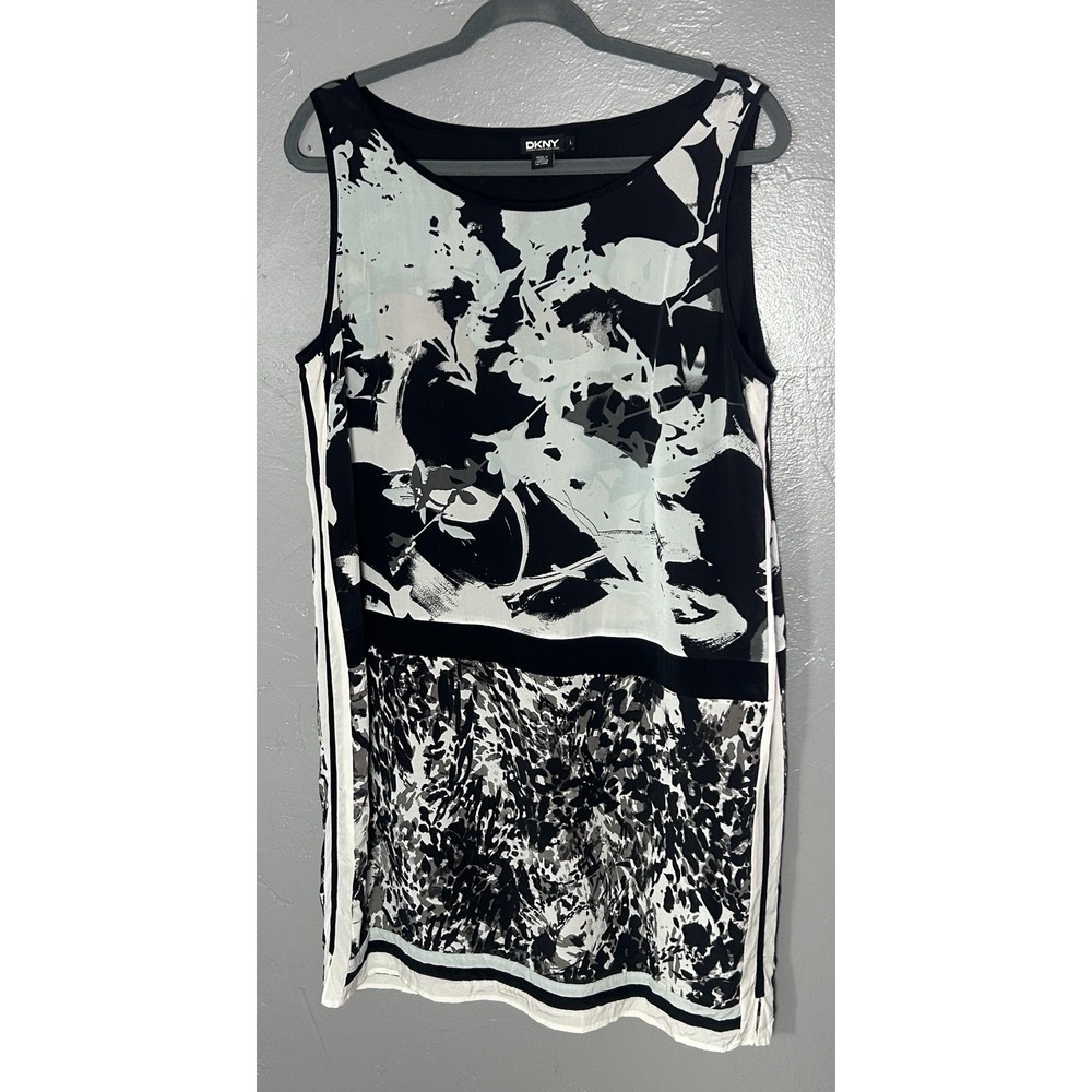 Women's DKNY silk Scarf Shift Dress Sleeveless Black & White Knee Length Size L